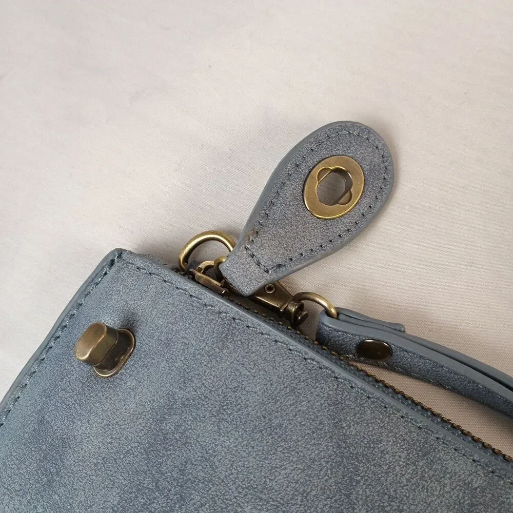 Joy Wallet Wristlet‎ Clutch Card Holder Blue Grey Faux Leather Purse Miss Chain